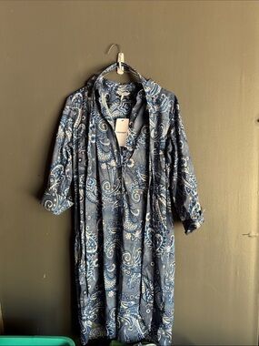 Foxcroft Navy and Light Blue Paisley Button-Front Dress